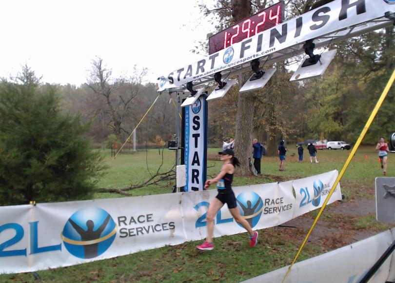 Oktoberfest half-marathon in Pennypack Park, Oct. 2017, first place women.